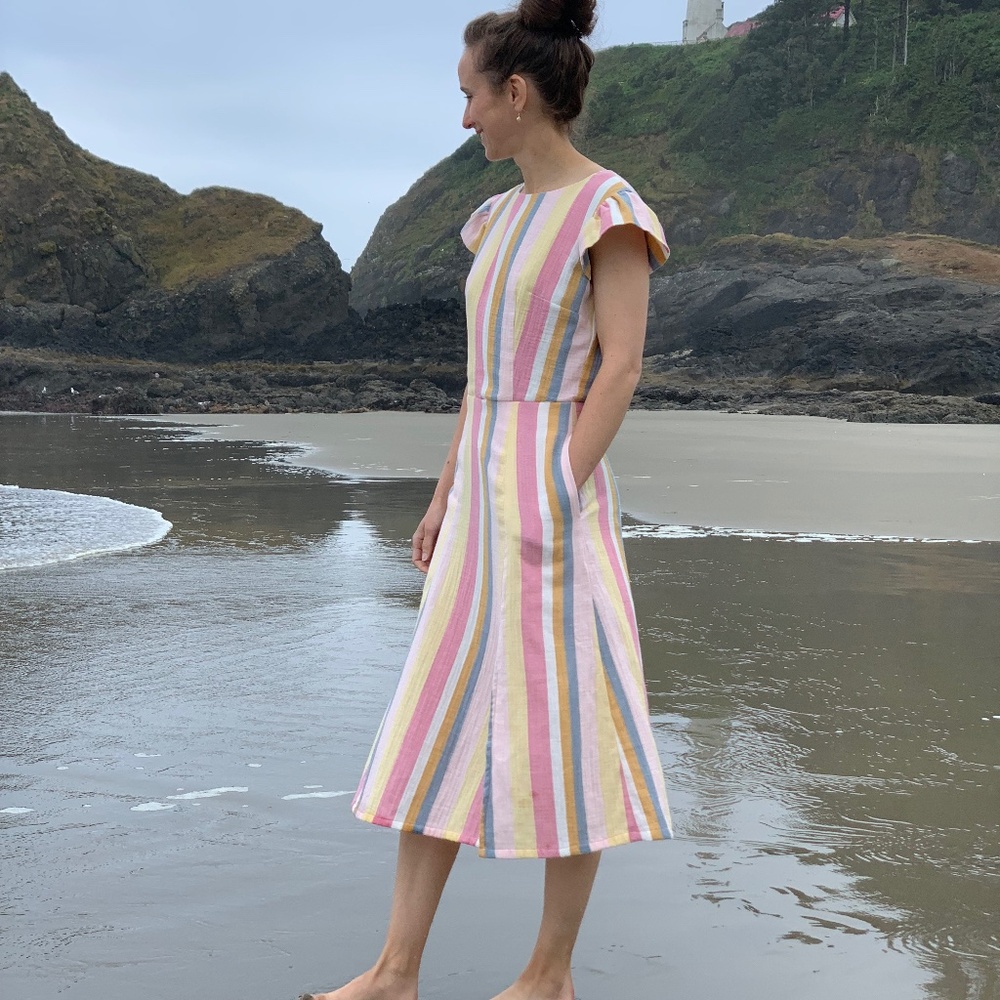 Multi color stripe cotton gauze midi dress